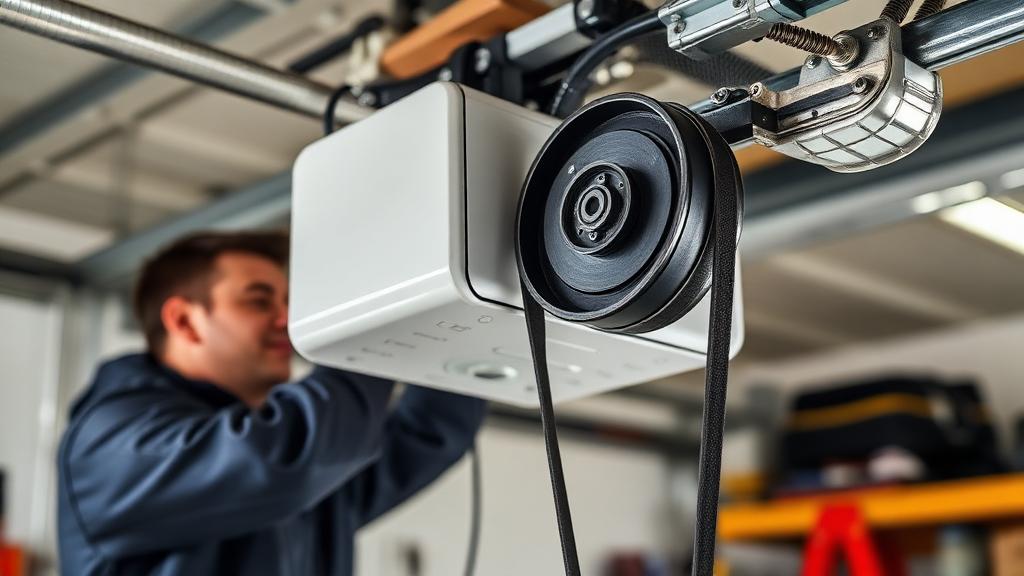 Garage door belt drive opener system being serviced by professional technician