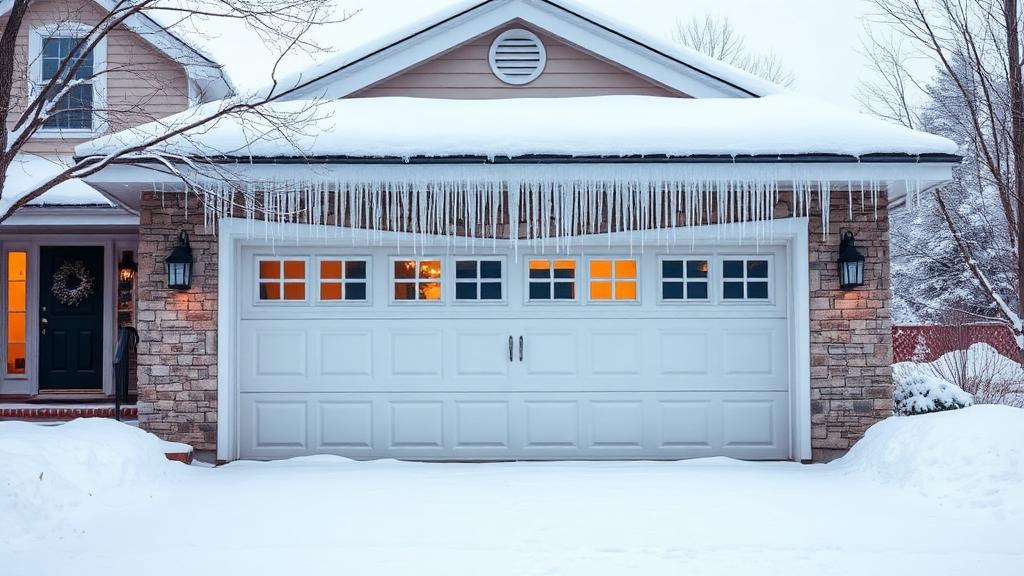 Residential garage door in winter with snow and icicles in New England
