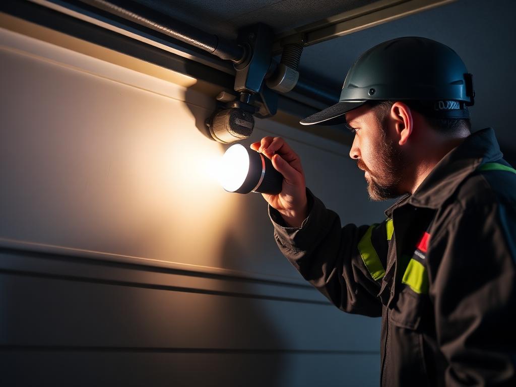 Emergency garage door repair technician with flashlight working on broken garage door at night