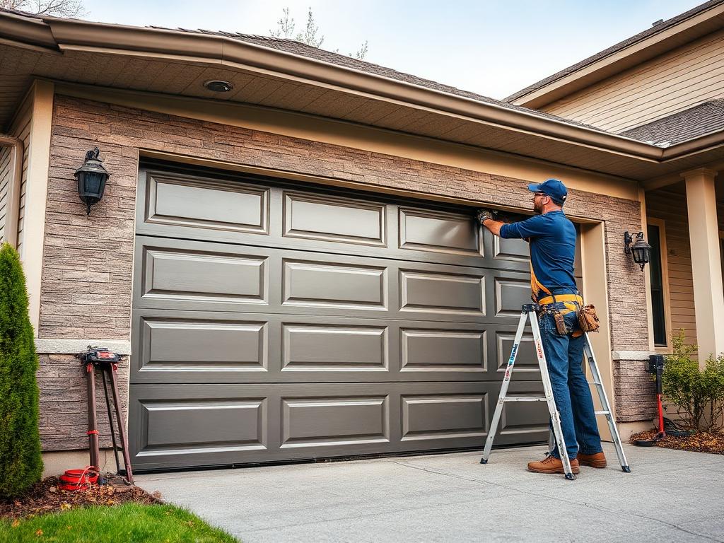 Professional garage door installation service showing technician mounting new steel door
