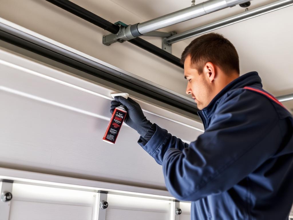 Garage door maintenance service technician lubricating tracks and rollers for smooth operation
