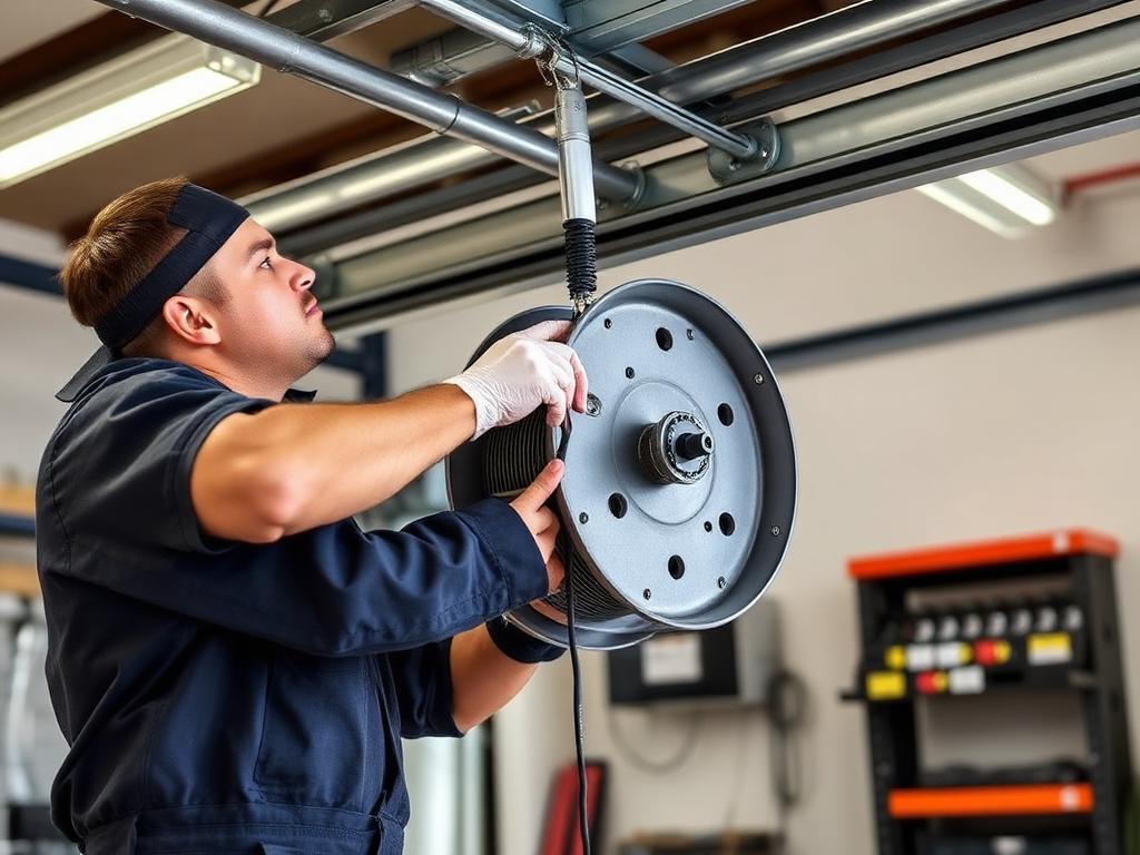 Garage door repair technician replacing cable drum mechanism on residential garage